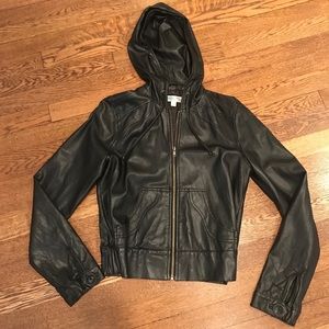 Black Faux Leather Hooded Jacket w/ Zipper